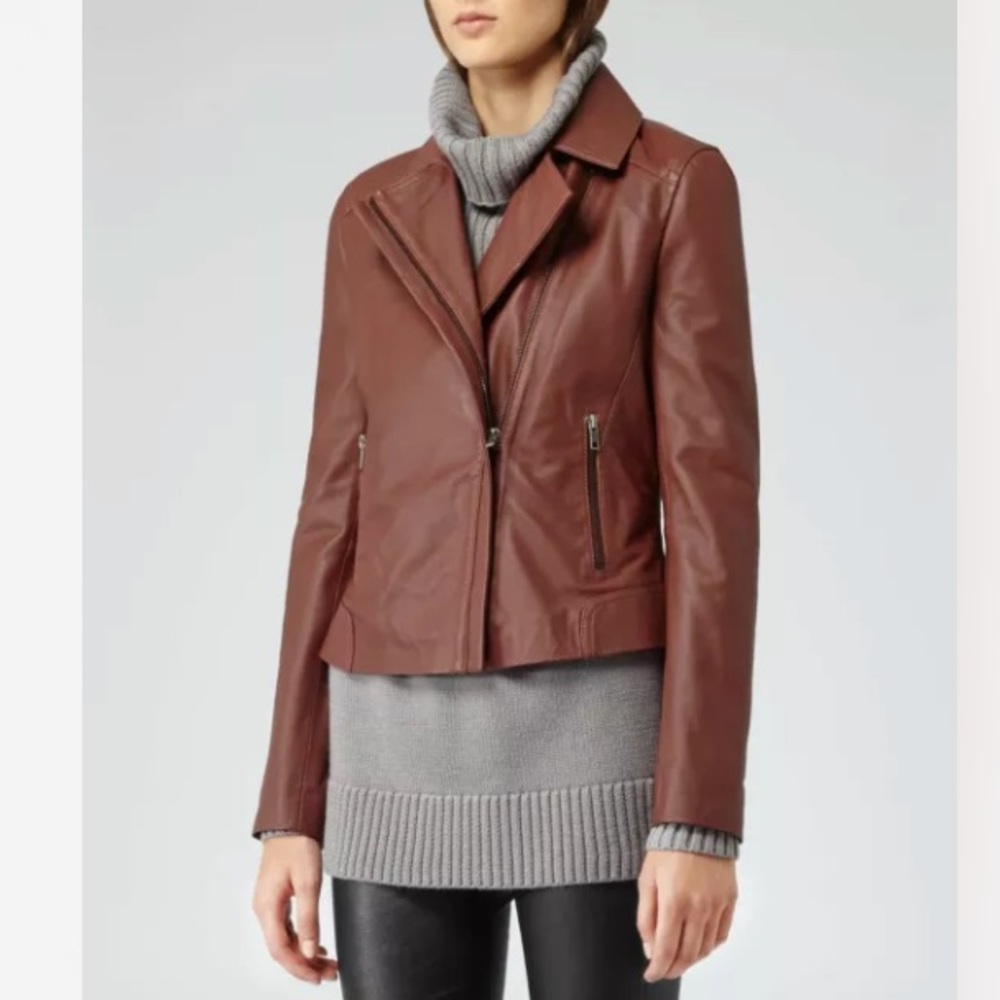 Reiss Cognac Brown Banksy Leather Biker Jacket